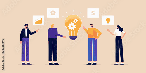 Diverse team collaborating on a bright new idea represented by a glowing lightbulb with gears and business icons