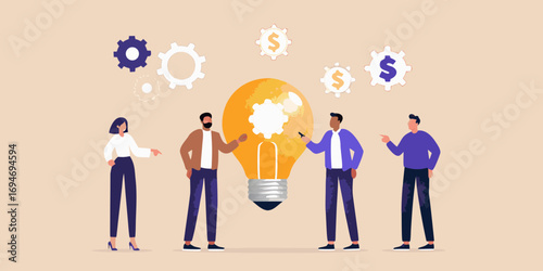 Diverse team collaborating on a bright idea with gears and dollar signs representing innovation and profit