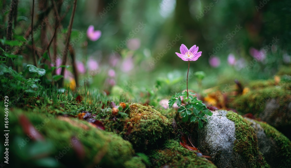 Obraz premium Delicate pink flower in a mossy forest