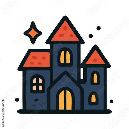 Spooky haunted house vector icon with gothic style, orange roof, and creepy windows. Perfect for Halloween decoration, posters, stickers, party design, and seasonal illustration