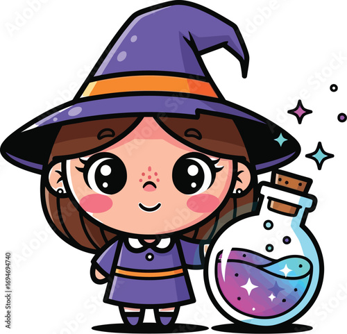 Cute witch conjures magic potion with sparkling spells