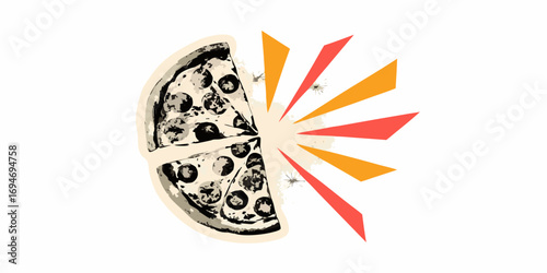 Artistic illustration of a pepperoni pizza cut into slices with a burst of colorful rays and abstract elements