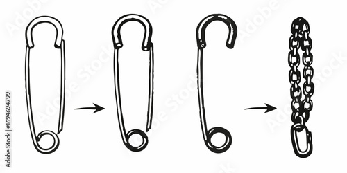 Diagram showing the step by step process of opening a safety pin and attaching a chain