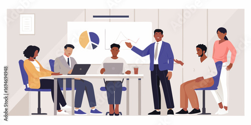 Diverse team of professionals collaborating in a modern office meeting room discussing charts on a whiteboard
