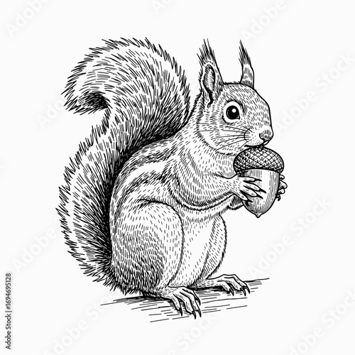 Isolated Cute Squirrel with Hazelnut – Vintage Black & White Sketch vector svg