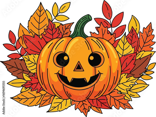 Happy Jack-o-lantern smiles amongst vibrant autumn leaves