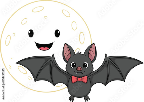 Cute bat and friendly moon character, Halloween fun!