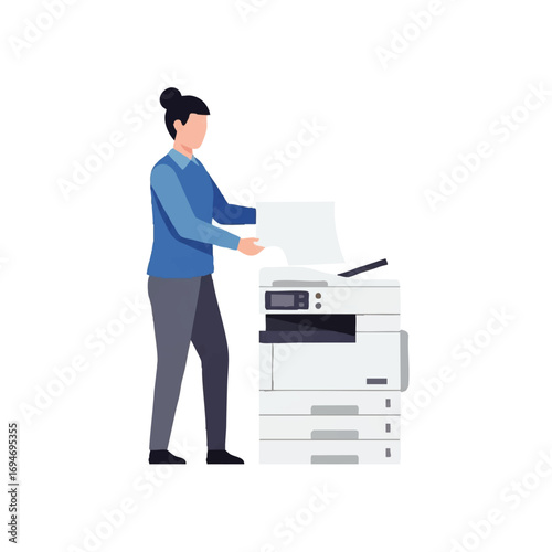 Professional woman using office copier for document reproduction in a modern workspace setting