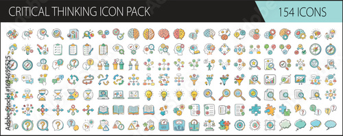 Critical thinking icons set for education and analysis - Collection of 154 colorful critical thinking icons representing problem solving, brainstorming, analysis, logic, research, decision making