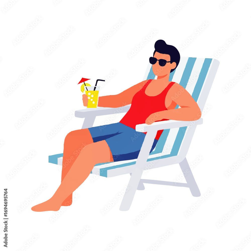 Fototapeta premium Relaxed man enjoying a refreshing tropical cocktail on a beach chair, embracing vacation bliss
