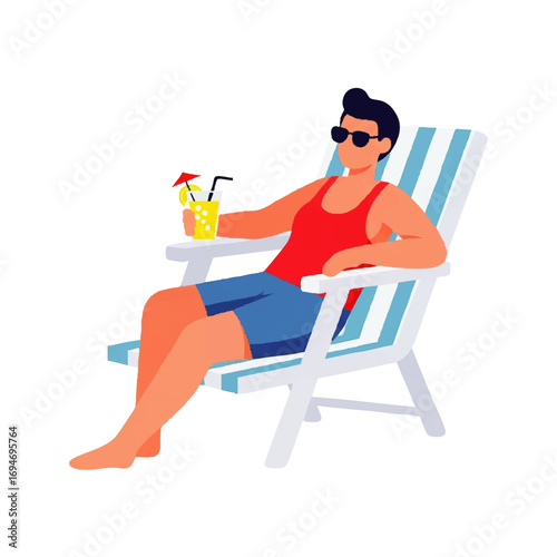 Relaxed man enjoying a refreshing tropical cocktail on a beach chair, embracing vacation bliss