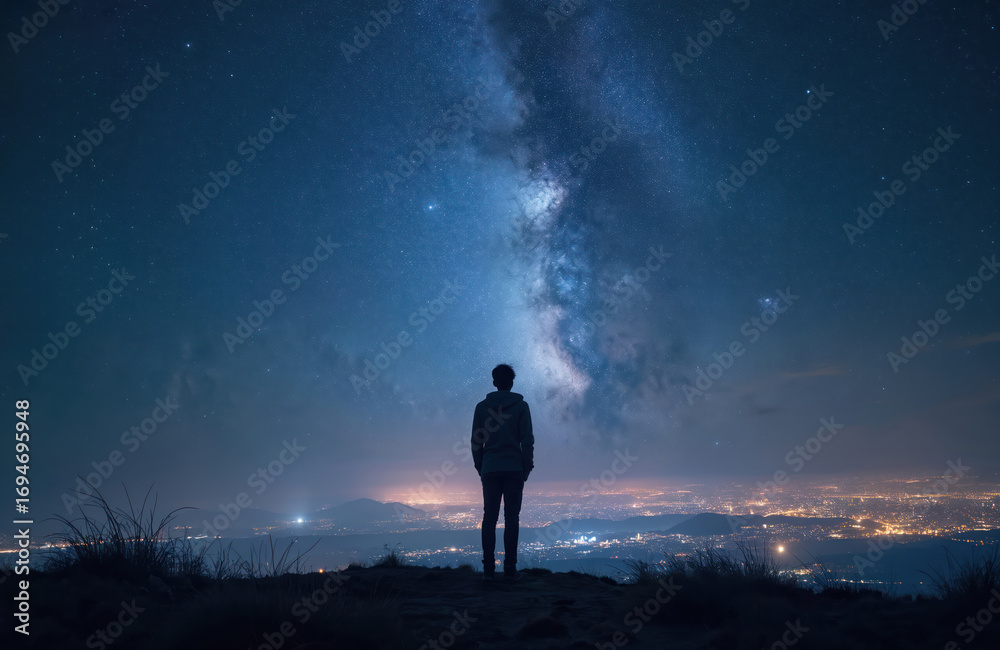 Fototapeta premium Silhouette of person gazing at vast starry night sky with Milky Way galaxy above city lights. Contemplating universe, existence, human purpose, life meaning. Inspirational, dreamy, profound moment of
