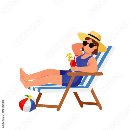 Relaxed woman in sun hat enjoys a refreshing cocktail on a beach chair with a ball nearby