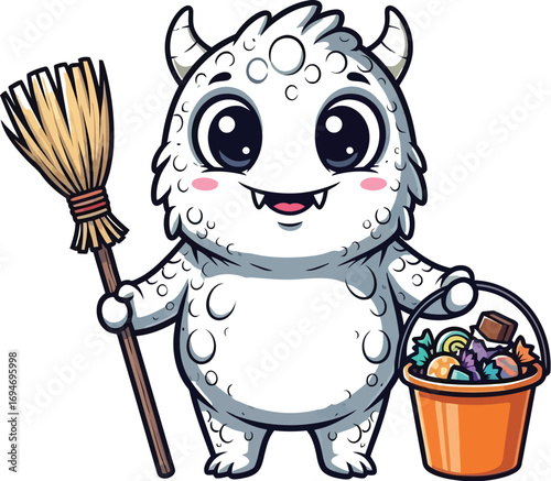 Cute Halloween monster ready for trick or treat with broom and candy bucket