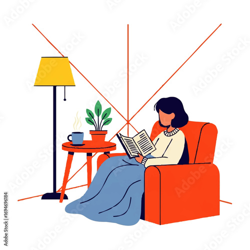 Cozy woman relaxing with a book in a modern living room with coffee and a plant