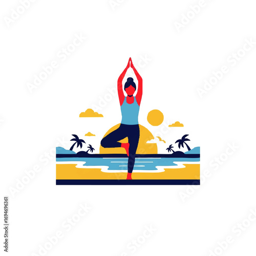Woman practices serene tree pose yoga on tropical beach at sunset seeking peace and wellness