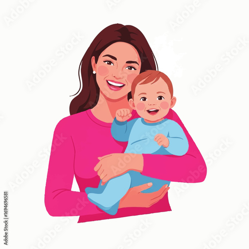 Vector Illustration of Happy Woman Holding Baby in Modern Minimalist Style with Bright Pink and Blue Colors