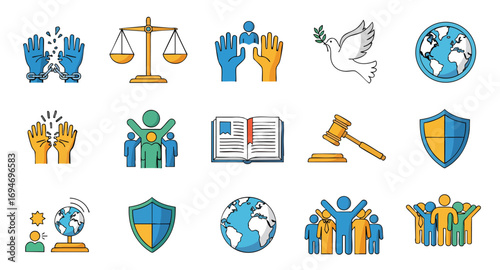 Human rights justice freedom equality peace social community icons liberty law diversity government activism global