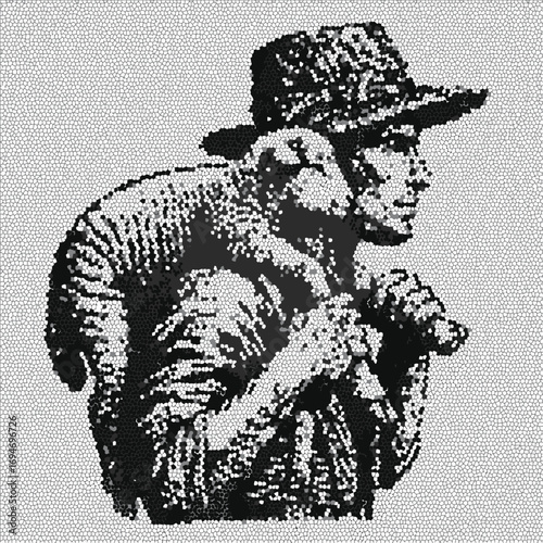 A halftone mosaic image of a farmer carrying a lamb on his shoulders.pointillism, vintage, rustic