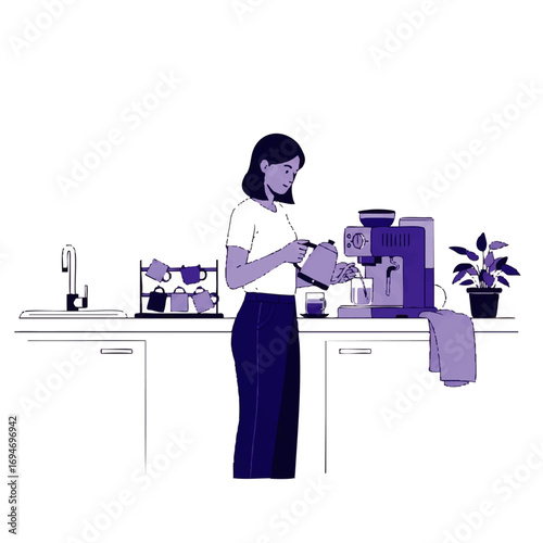 Woman preparing coffee with espresso machine in modern kitchen, perfect morning ritual