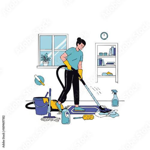 Woman cleaning with vacuum cleaner in modern home, creating fresh and tidy living space