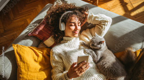 Happy young woman relaxing in her cozy new home with a cat and headphones on a sunny afternoon