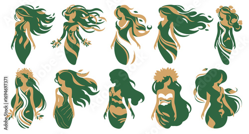 Stylized elegant nature spirit women vector collection art goddess feminine earth organic flowing botanical fantasy