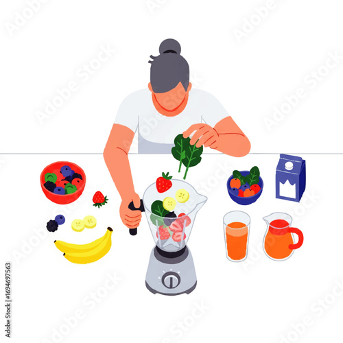 Woman preparing healthy fruit smoothie with fresh ingredients for a vibrant, nutritious start