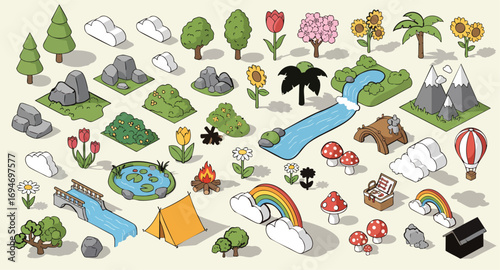 Cute Isometric Cartoon Nature Elements Environment Set Vector Assets trees flowers rocks mountains rivers clouds mushrooms rainbow camping pond