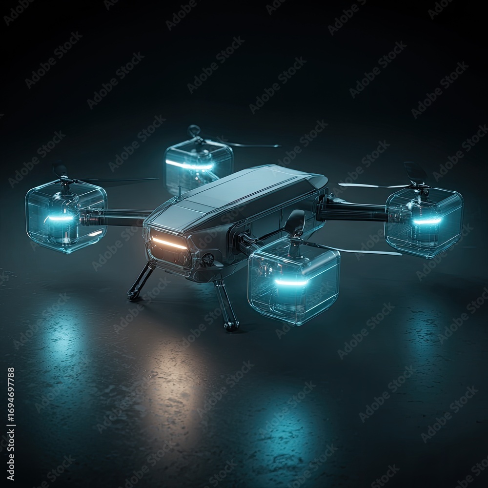 Naklejka premium Futuristic drone, illuminated by glowing lights