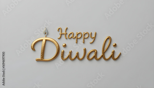 Happy Diwali Golden Cursive Typography Stylized Flame Accent on Light Gray Background Elegant Greeting for Hindu Festival of Lights
