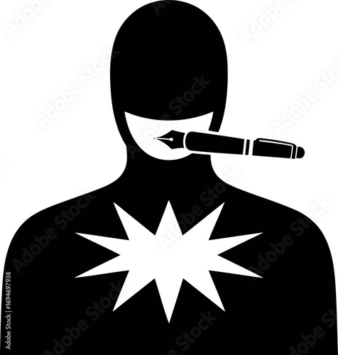 Silhouette of a person with a pen in mouth and starburst on chest graphic illustration vector
