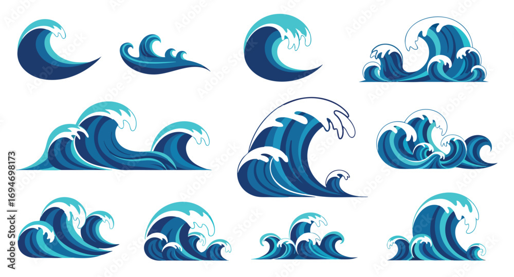 Fototapeta premium Collection of stylized blue ocean waves vector illustrations graphic elements Water Sea Surf Swell Splash Nautical Marine Aqua Tide Ripple