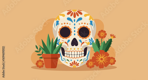 This flat design artwork features a charming sugar skull nurturing a potted succulent, adorned with decorative patterns and surrounded by stylized floral elements.