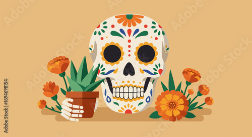 This flat design artwork features a charming sugar skull nurturing a potted succulent, adorned with decorative patterns and surrounded by stylized floral elements.