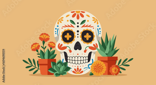 This flat design artwork features a charming sugar skull nurturing a potted succulent, adorned with decorative patterns and surrounded by stylized floral elements.