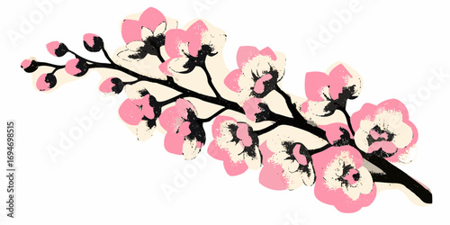 Artistic illustration of a delicate pink orchid branch with buds and blossoms