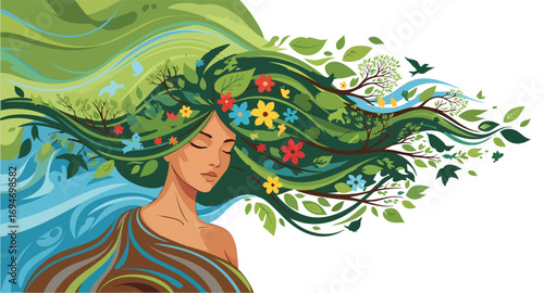 mother nature Serene woman stylized nature vibrant green hair water birds plants Mother Earth goddess ecology environment conservation growth