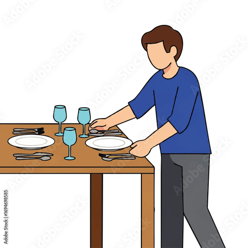 Person setting a dining table with plates, glasses, and cutlery for a special occasion