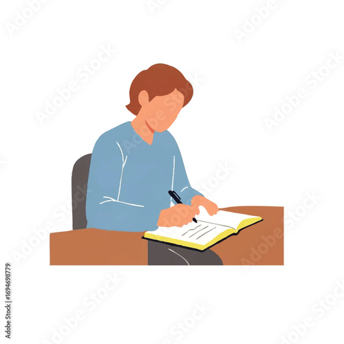 Person writing in notebook at desk, creative process, planning, studying, or note-taking concept