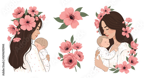 Lovely illustration of mother cradling sleeping infant adorned with pink blossoms motherhood love family newborn babycare gentle floral sweet