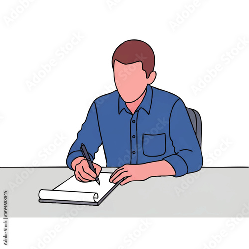 Man writing notes at desk, perfect for business presentations, reports, and creative content