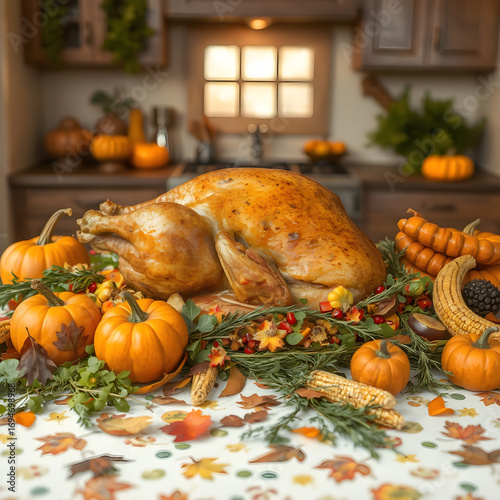 Cocina Acogedora con Banquete de Acción de Gracias y Calabazas