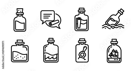 Vector icon collection of message in a bottle themes, including pirate adventure, secret communication, and oceanic discovery symbols