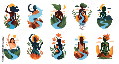 Vector illustrations of goddesses embodying natural elements and landscapes Earth Water Fire Air Sun Moon Plants Mountains River Forest