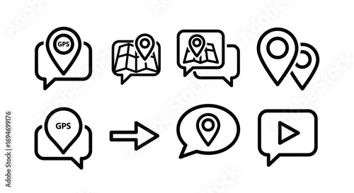 GPS location pin and map icons within chat bubbles. Vector icon set for mobile app UI, navigation, and sharing coordinates