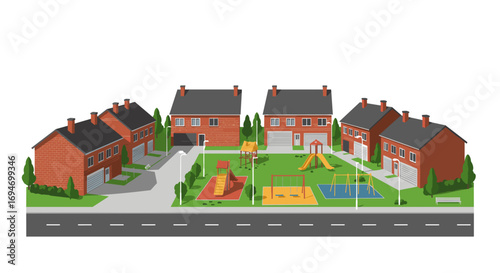 Charming suburban neighborhood with brick houses and playground in isometric style