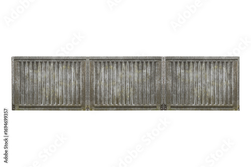 Old concrete fence segment with vertical slats is isolated.	
