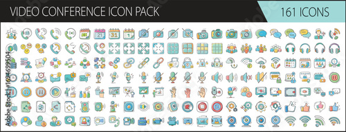 Colorful video conference icon pack collection - Set of 161 colorful vector icons themed around video conferencing, communication, meetings, teamwork, technology, and online collaboration for digital 