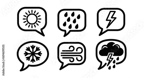 Collection of weather condition icons in speech bubbles representing sun, rain, snow, lightning, and wind